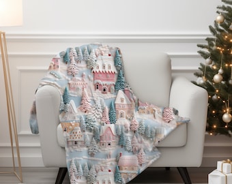 Christmas Village Blanket, Pastel Winter Village Throw Blanket with 3D and Faux Embroidery Effect, Velveteen Plush Blanket, Winter Design
