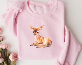 Fawn Sweatshirt, Coquette Baby Deer Pink Bow, Women Youth Jumper, Cute Woodland Animal, Soft Crewneck Pullover, Gift for Her