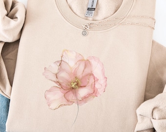 Wildflower Sweatshirt, Pink Watercolor Flower Hoodie, Pressed Flower Crewneck, Gold Alcohol Ink Art, Floral Gift for Her, Botanical Sweater