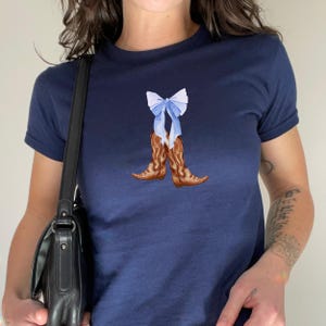Blue Bow Coquette Cowgirl Boots Baby Tee, Soft Girl Western Women&#39;s Baby Blue Bow Cowgirl Boots Coquette Baby Tee, Y2k Baby Tee,