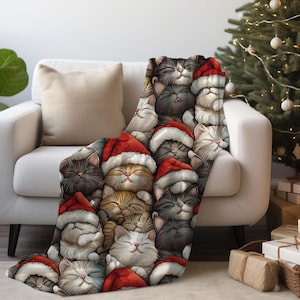 Kuschelige Weihnachtskätzchen Decke, Warmer Urlaub Wohndekor, Weiche Festliche Bettwäsche, Süße Winter Schoßdecke, Samt oder Sherpa Fleece