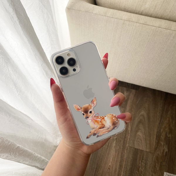 Baby Deer Fawn Phone Case, Coquette Clear Phone Case, Pink Bow Phone Case, Coquette Phone Case, iPhone Clear Phone Case, Samsung Phone Case