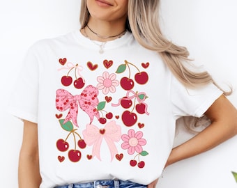 Comfort Colors Pink and Red Valentine Shirt,  Bows, Floral, and Cherries Tshirt, Cottagecore Outfit for Her, Retro Girly Graphic Tee