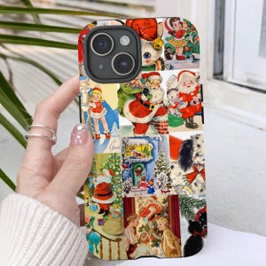 Collage-telefoonhoesje, vintage kersttelefoonhoesje, vintage kerstman mobiele telefoonhoesje, kerstmis iPhone 15 meer, Google Pixel, Samsung-telefoonhoesjes