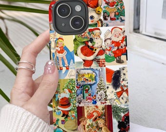 Kollagetelefonskal, Vintage jultelefonskal, Vintage jultomtetelefonskal, Jul iPhone 15 mer, Google Pixel, Samsung telefonskal