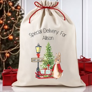 Personalized Santa sack, Christmas sack, Peter Rabbit, Flopsy Bunny Christmas Candy Cane, girl, boy, Christmas Eve box, First Christmas gift