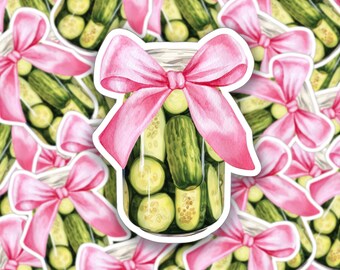 Pegatina de coqueta, pegatina de tarro de pepinillos con lazo rosa, calcomanía de coqueta, pegatina para portátil, botella de agua, pegatina de vinilo troquelado, calcomanía de vinilo
