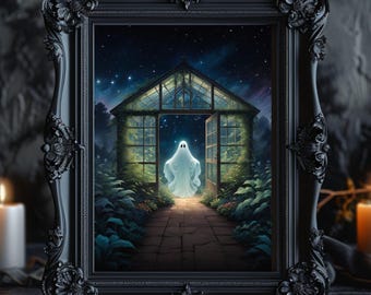 Ghost in the Greenhouse Wall Art, Ghost Art for Plant Lovers and Gardeners, Halloween Decor, Greenhouse Ghost with Plants Matte Poster