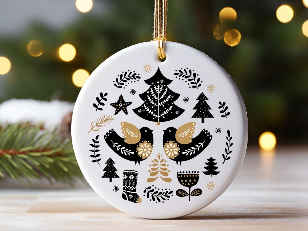 Scandinavian Christmas Ornament, Folk Art, Vintage Nordic Art, Birds, Stockings, and Christmas