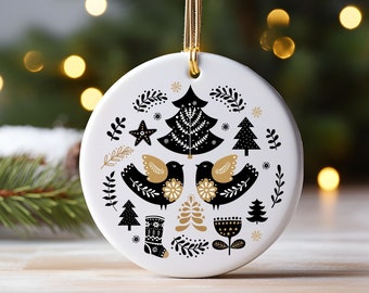 Scandinavian Christmas Ornament, Folk Art, Vintage Nordic Art, Birds, Stockings, and Christmas Trees, Ornament for Christmas