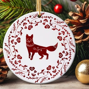 Scandinavian Christmas Ornament, Folk Art, Vintage Nordic Art, Watercolor Fox, Animals, Birds, Flowers,  Ceramic Ornament for Christmas