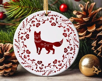 Scandinavian Christmas Ornament, Folk Art, Vintage Nordic Art, Watercolor Fox, Animals, Birds, Flowers,  Ceramic Ornament for Christmas