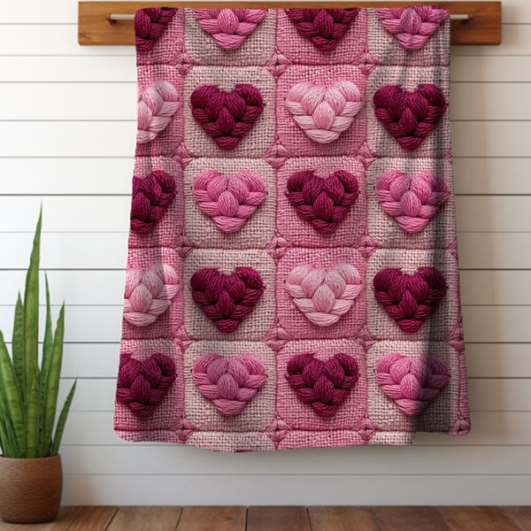 Faux Embroidery Valentine's Day Throw Blanket, Pink and Tan Plaid, Faux 3D Hearts Red and Pink, Cozy Home Decor, Couch Throw, Sofa Blanket
