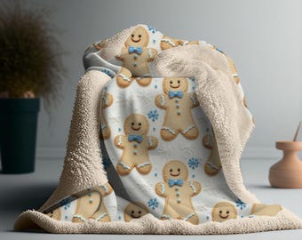 Manta navideña de jengibre, manta navideña con hombrecito de jengibre y galletas, manta navideña con bordado 3D falso para sofá