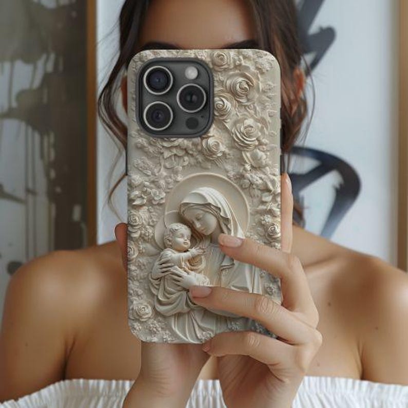 May include: A white iPhone case with a 3D design of a mother and child. The design is carved into the case and has a realistic look. The case is made of durable plastic and has a matte finish.