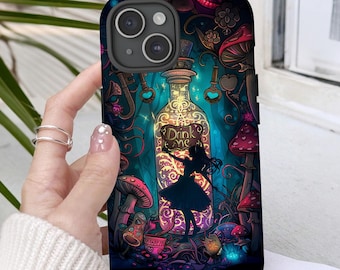 Drink Me gebrandschilderd glas iPhonegeval Alice in Wonderland leesgrage telefooncover Dark Academia Aesthetic Fairytale Art cadeau voor lezers iPhone 17