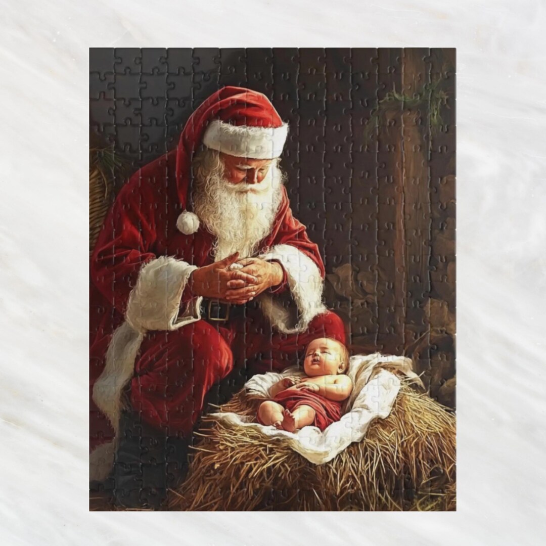 Jigsaw Puzzle, Santa Praying Over Baby Jesus, Holiday Activity ...