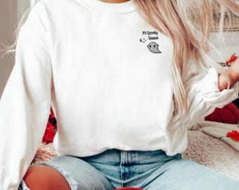 Embroidered Ghost Sweatshirt, Cute Ghost Halloween Crewneck, Spooky Season Top, Women's Embroidered  Ghost Sweatshirt, Cute Embroidery Ghost