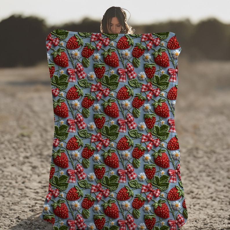 May include: A blue and white throw blanket with a repeating pattern of embroidered red strawberries, green leaves, and white flowers.