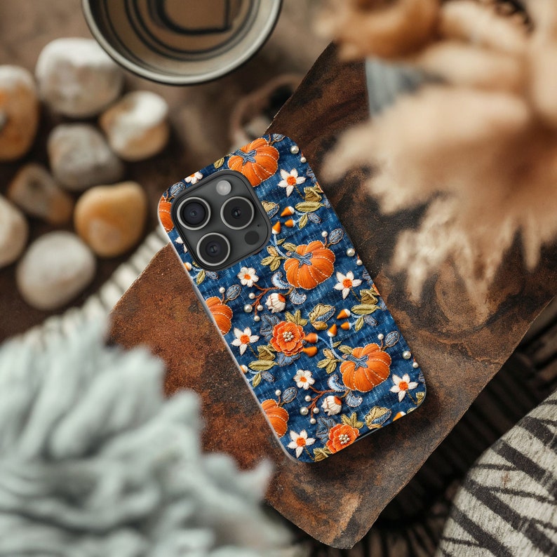 Pumpkin Phone Case, Faux Denim Faux Embroidery Fall Cell Phone Case, Unique Phone Cover, Cute iPhone, Google Pixel, Samsung Phone Cases image 6