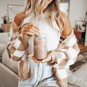 Pink Bow Glass Cup, Coquette Glass, Cute Bow Glass Cup, Bows 16 oz Cute Glass for Iced Coffee, Choose with or W/O Bamboo Lid & Tritan Straw