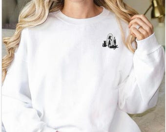 Embroidered Ghost Sweatshirt, Halloween Sweatshirt, Black Cat Women Sweatshirt, Halloween Crewneck, Fall Sweatshirt, Spooky Season, Ghost