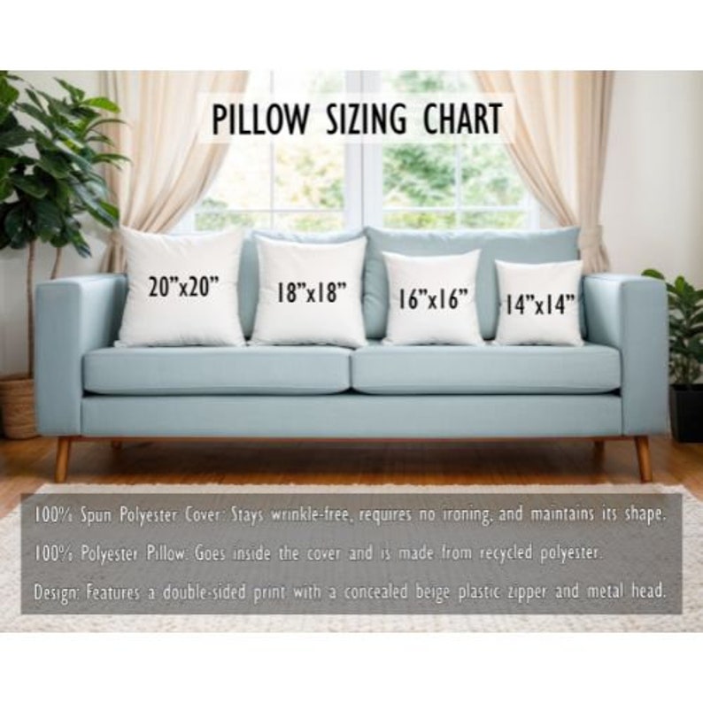 K&ouml;nnte beinhalten: Ein hellblaues Sofa mit vier wei&szlig;en Kissen. Die Kissen sind mit ihren Ma&szlig;en beschriftet: 20"x20", 18"x18", 16"x16" und 14"x14". Der Text unter dem Sofa beschreibt den Kissenbezug und das Kissenmaterial.