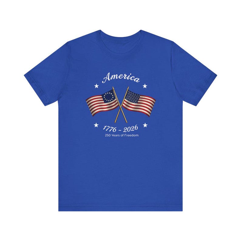 Made in America Shirt, Patriotic USA Flag Tee, America 250th Anniversary T Shirt, 4th of July Matching Family Gift for Semiquincentennial True Royal