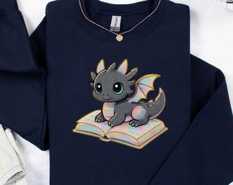 Pastel Dragon on Book Sweatshirt Fantasy Reader Crewneck Iridescent Design