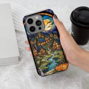 Halloween Phone Case, Cute Halloween Village, Cute Pumpkin Phone Case for iPhone 15  more, Google Pixel, Samsung Phone Cases, Faux Stained