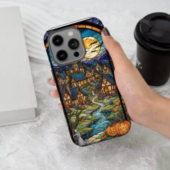 Halloween Phone Case, Cute Halloween Village, Cute Pumpkin Phone Case for  iPhone 15 more, Google Pixel, Samsung Phone Cases, Faux Stained
