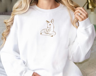 Embroidered Sweatshirt Baby Deer Crewneck for Women Doe Fawn Embroidered Sweatshirt Cute Woodland Baby Deer Sweatshirt for Women
