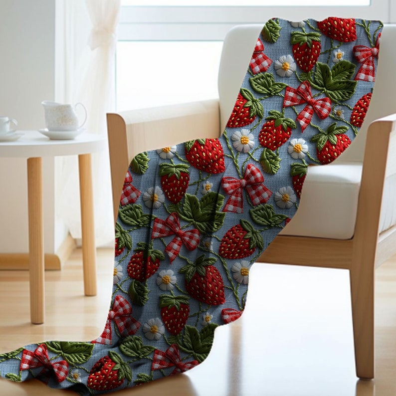 May include: A blue and white throw blanket with a repeating pattern of embroidered red strawberries, green leaves, and white flowers.