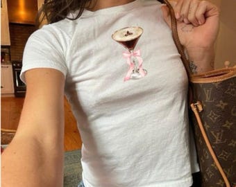 Y2K Baby Tee, Espresso Martini Baby Tee, Coquette Baby Tee, Martini Cocktail Baby T-Shirt, Coquette Aesthetic, Gift Women, Pink Bow Shirt