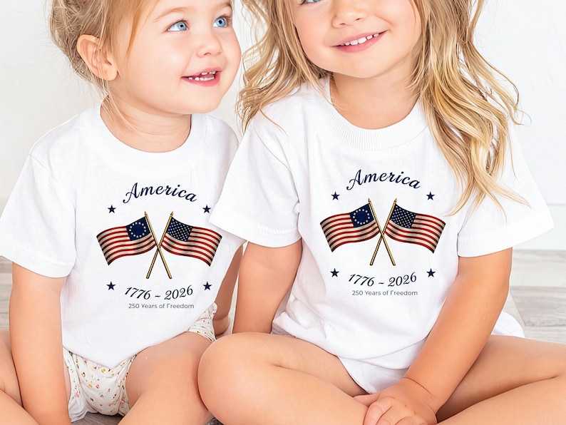 May include: Two children wearing white t-shirts with a patriotic design. The shirts feature the word "America" above crossed American flags and the text "1776-2026 250 Years of Freedom."