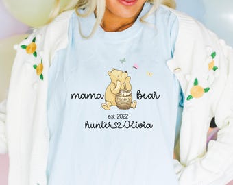 Personalisierte Komfort Farben Winnie-the-Pooh Mama Bär Shirt Benutzerdefinierte Name T-Shirt Muttertag Geschenk Angepasste Mom Shirt Geschenk für Mama