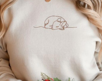 Embroidered Sweatshirt, Fawn Baby Deer Sweatshirt, Minimalist Line Design Embroidery Crewneck, Woodland Animals Doe, Deer