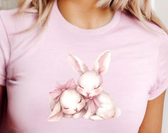 Bunny Baby Tee, Cute Bunnies in Pink Bows Vintage 90s Aesthetic Y2K Shirt Trendy Women's Clothing  Graphic Tee, Retro Easter Girly Top
