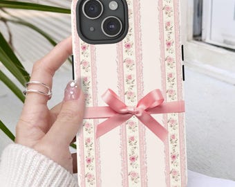 Coquette Phone Case Pink Flowers Pink Bow Pink Coquette Bow Phone Case Pink Ribbon Gift for Girls Preppy Phone Cover iPhone, Samsung, Pixel