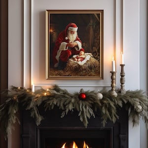 Póster de la Natividad de Papá Noel y el Niño Jesús Arte de pared navideño Papá Noel arrodillado junto al Niño Jesús Póster vertical mate con escena de la Natividad de Papá Noel vintage