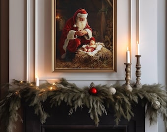 Santa and Baby Jesus Nativity Poster Christmas Wall Art Santa Kneeling Next to Baby Jesus Vintage Santa Nativity Scene Matte Vertical Poster