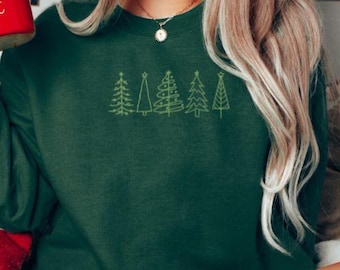 Embroidered Christmas Sweatshirt, Embroidered Christmas Trees Crewneck, Minimalist Design, Christmas Sweater, Green Pine Trees