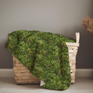 May include: A woven wicker basket with a green moss-like fabric draped over the top. The basket is sitting on a light gray floor.
