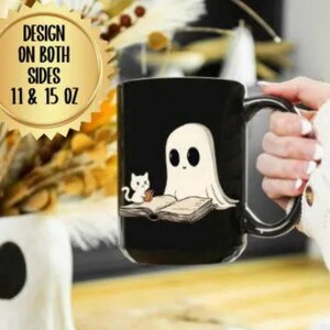 Halloween-mok boekenliefhebber, mok kat, kitten, schattig spook leest een boek voor aan een schattige spookkat, housewarmingcadeau voor lezer kattenmoeder, leesgrage mok