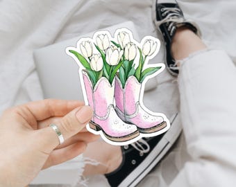 Pink Cowgirl Boots Tulips, Coquette Cowgirl Girly Western, Coastal Cowgirl, Cosmic Cowgirl Stickers, Laptop Sticker, Kindle, Vinyl Decal