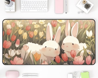 KawaiiBunnies Desk Mat, Kawaii Bunny Desk Pad, Green Desk Mat, Desk Decor, Bunnies in Tulip Field, Cute Desk Mat, Large Neoprene Desk Mat