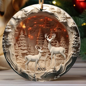 Décoration de cerf 3D, Décoration d'arbre de Noël, Ornement de cerf à effet 3D, Décoration de Noël personnalisée pour la famille 2023, Cadeau d'échange d'ornements