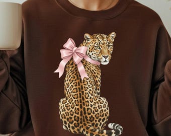 Pink Bow Leopard Sweatshirt, BohoChic Animal Print Sweater, Cozy Winter Outfit, Vintage Luxe Leopard Crewneck Sizes S to 5XL