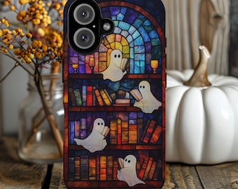 Étui pour iPhone MagSafe en vitrail de bibliothèque fantôme, étui pour iPhone gothique livresque mignon, housse pour iPhone sombre, art universitaire, fantasmagorie, cadeau pour amoureux des livres, iPhone 17