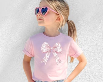 Children&#39;s Coquette Shirt Pink Toile de Jouy Bow Child&#39;s Tee, Cute Girly Shirt for kids Coquette T-Shirt Girly Top Youth Coquette Clothing